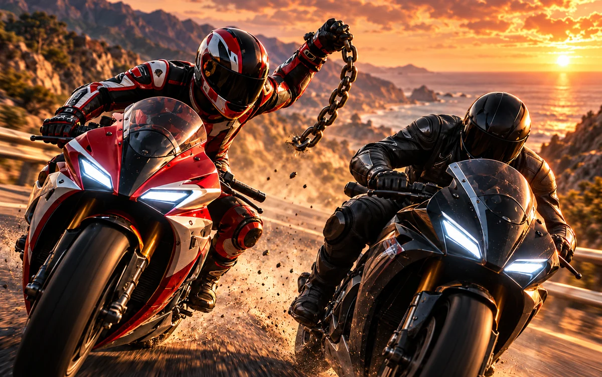 Two rival riders in close-quarters combat