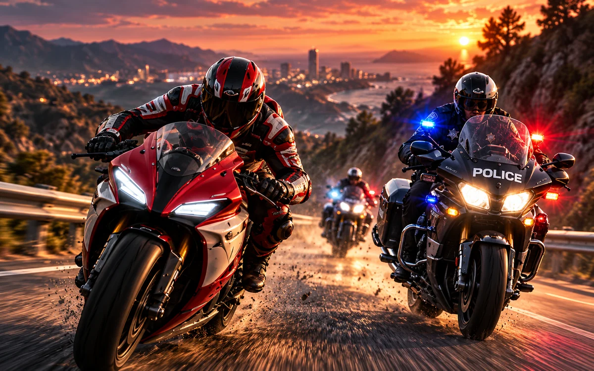 A motorcycle rider pursued by a police motorcycle