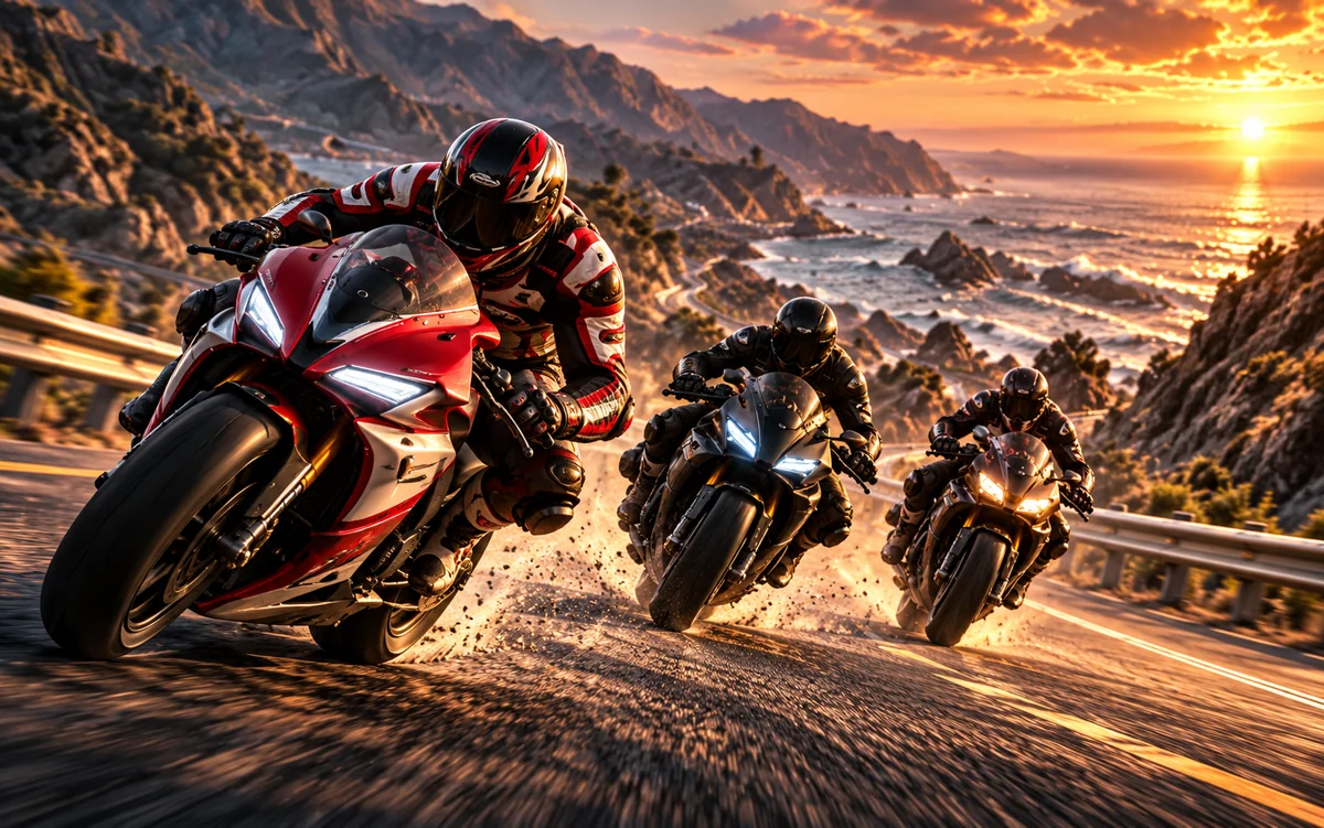 Motorcycle racers on a coastal mountain road
