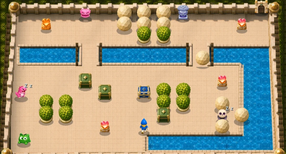 Heartgate screenshot showing a blue-robed character, colorful creatures, puzzle blocks, and water channels in a stone courtyard.