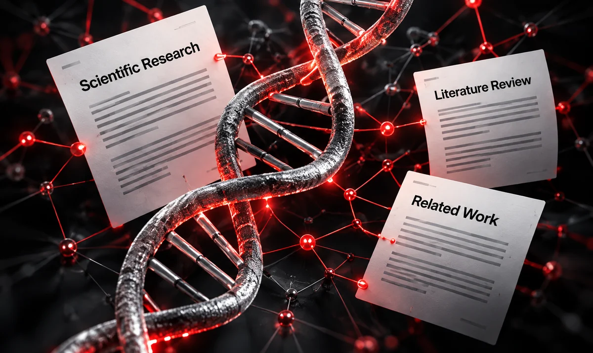 Research concept visual with a prominent DNA helix connecting complete scientific research, literature review, and related work papers.