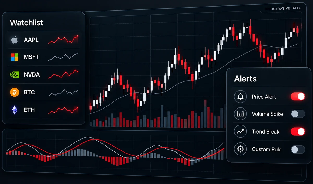 Illustrative market research interface with a full watchlist, candlestick chart, alert controls, and lower indicator chart.