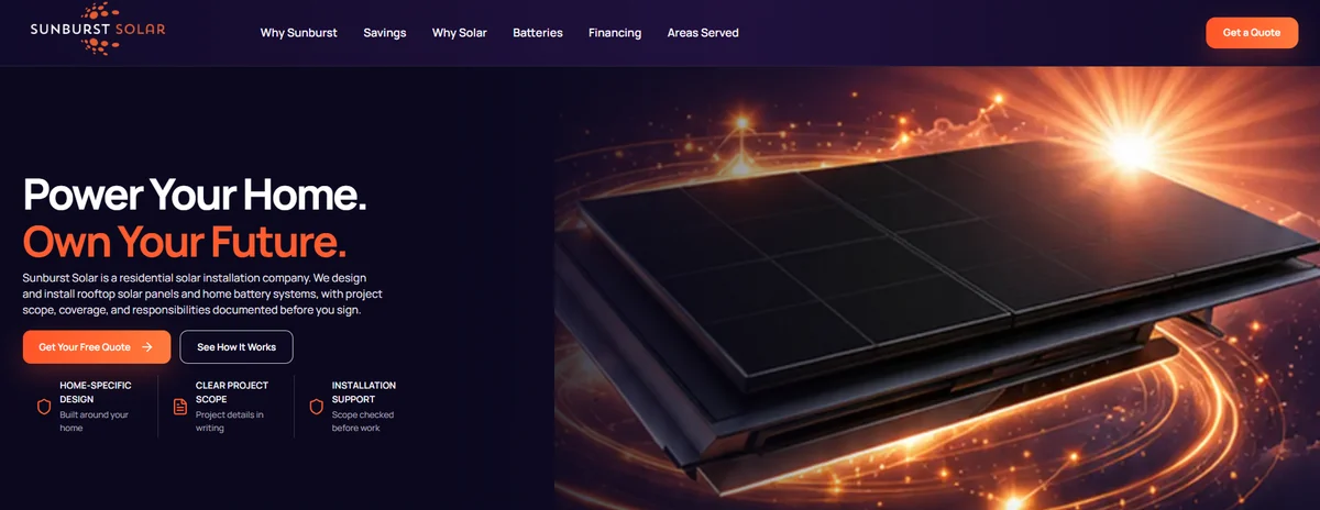 Sunburst Solar website preview focused on its homepage headline and solar-panel artwork.